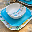 Van Go Caravan and camping 8 piece bamboo dinnerware set Camper plate, bowl plus pale sky blue plate closeup on timber table 