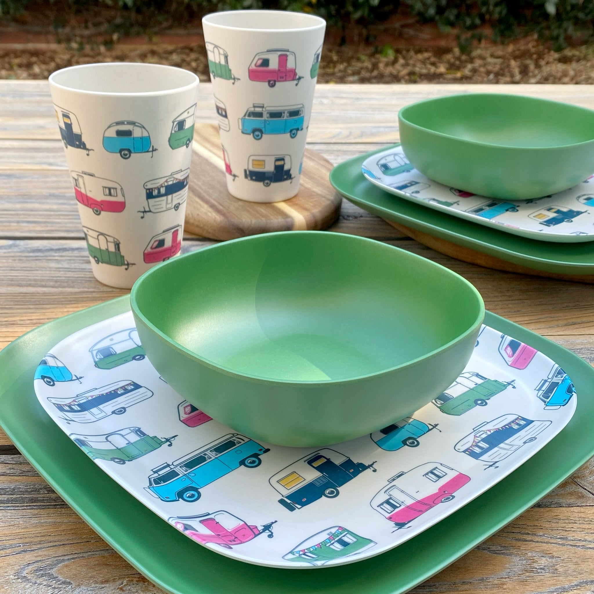 Van Go Caravan and camping 8 piece bamboo dinnerware set Iconic van living plate and caravan tumbler plus classic green camping bowl and large plate on timber table