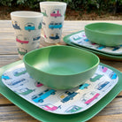 Van Go Caravan and camping 8 piece bamboo dinnerware set - iconic caravan print plate with classic green bowl and plate