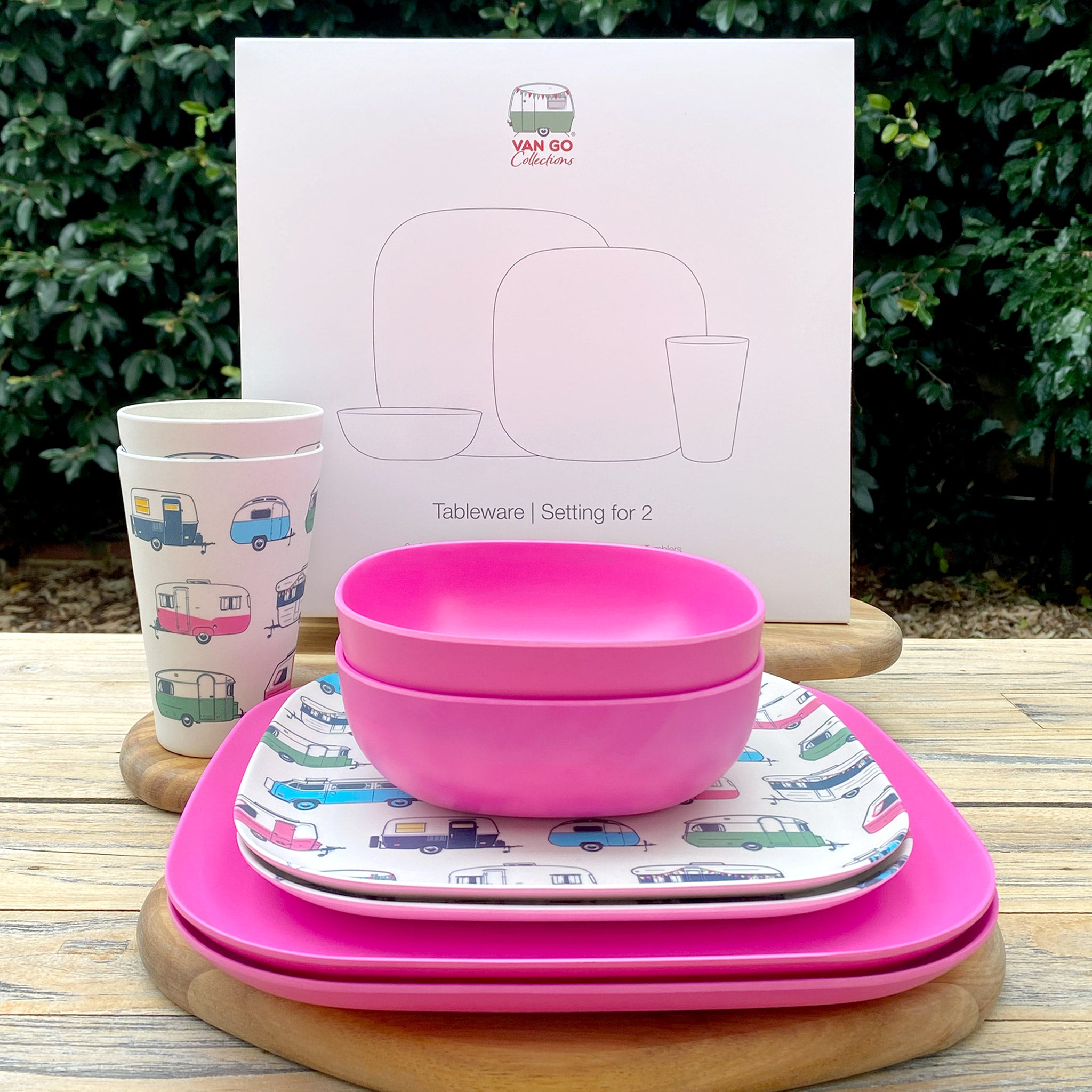 Van Go Caravan and camping 8 piece bamboo dinnerware set Iconic van living plate and caravan tumbler plus vintage pink camping bowl and large plate on timber table with gift box
