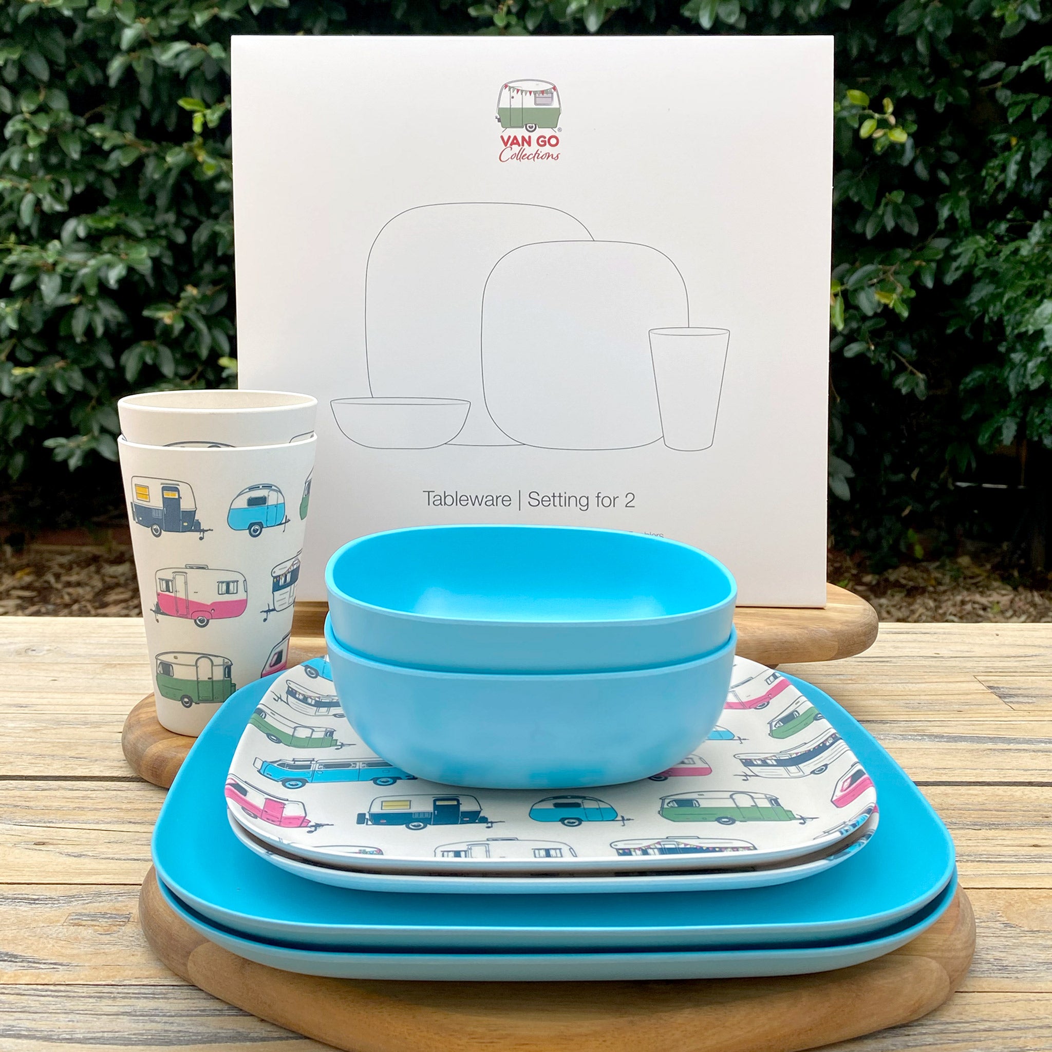 Van Go Caravan and camping 8 piece bamboo dinnerware set Iconic van living plate and caravan tumbler plus pale blue camping bowl on timber table with gift box
