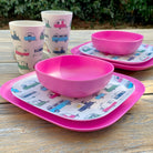 Van Go Caravan and camping 8 piece bamboo dinnerware set Iconic caravan plate, tumbler and vintage pink bowl and plate