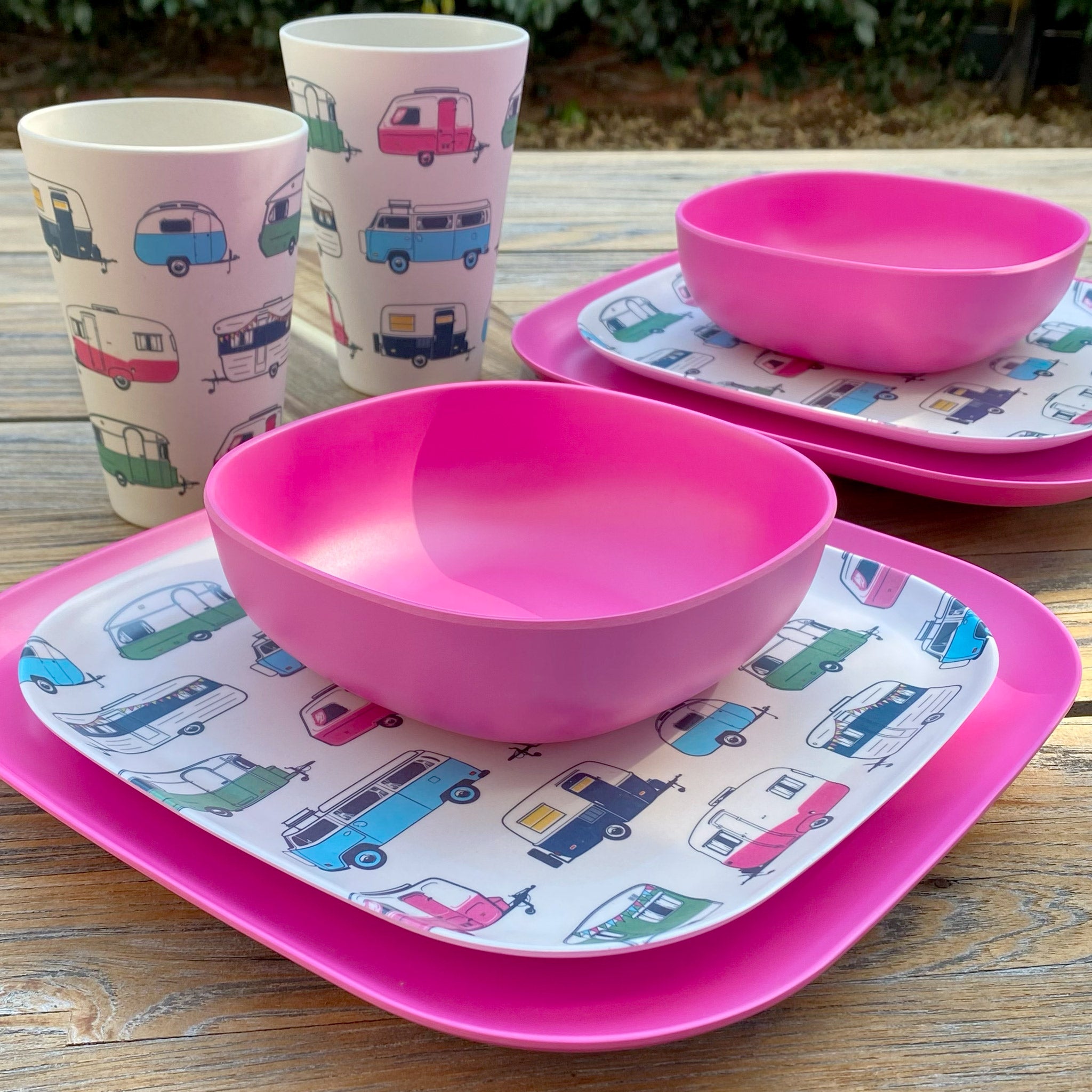 Van Go Caravan and camping 8 piece bamboo dinnerware set Iconic van living plate and caravan tumbler plus vintage pink camping bowl and large plate on timber table