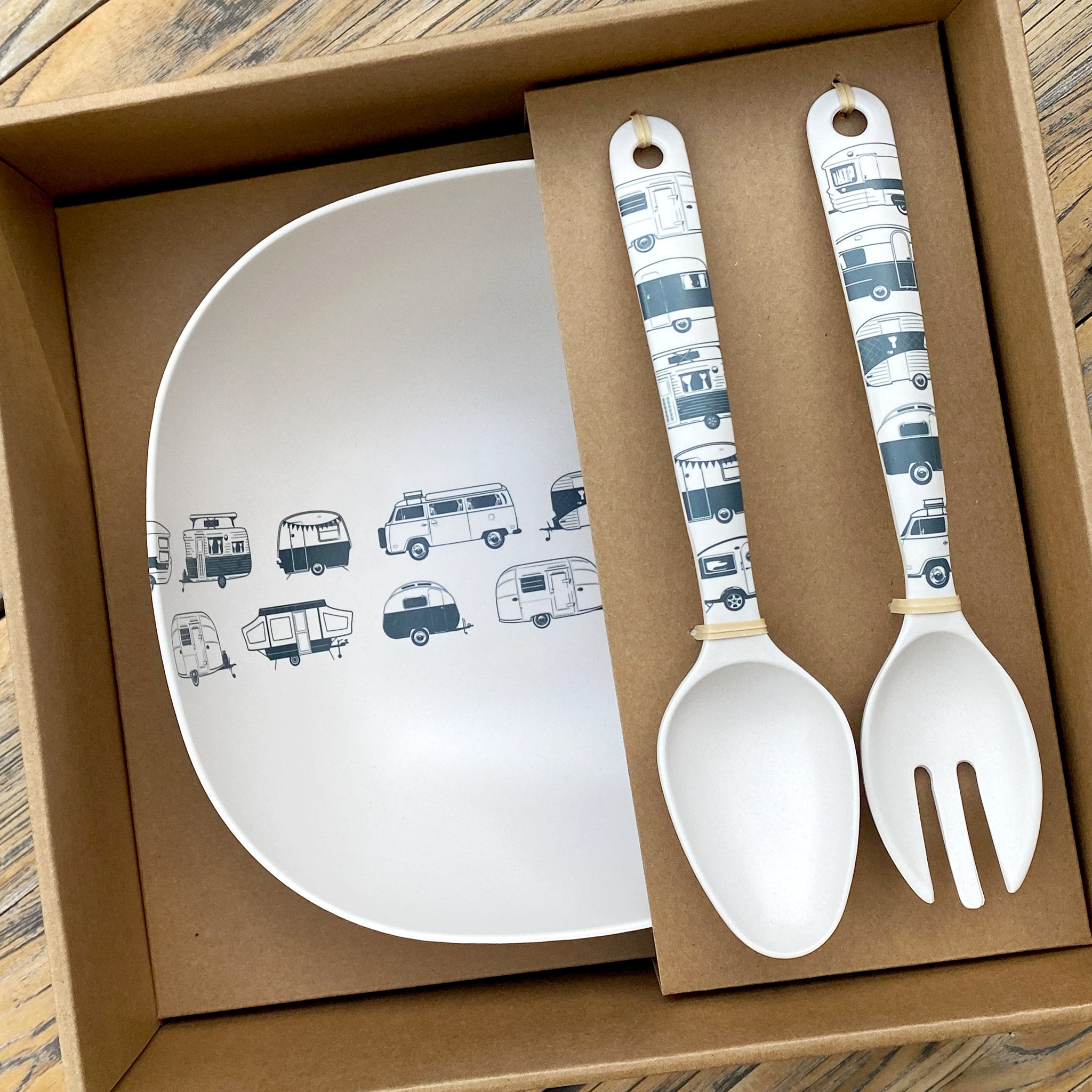 Van Go Bamboo Salad Bowl and Servers Set grey caravan destinations collection salad bowl with matching salad servers displayed in brown gift box.