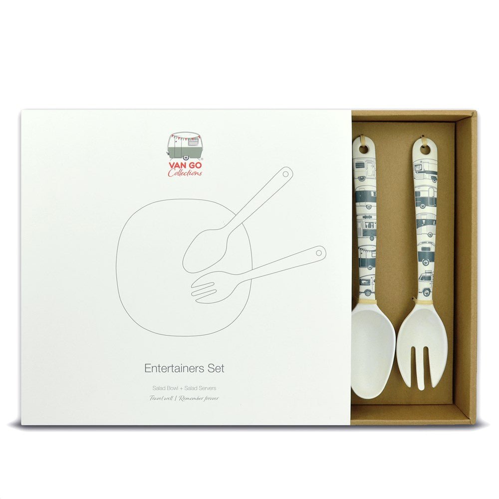 Van Go Bamboo Salad Bowl and Servers Set grey caravan destinations collection salad bowl with matching salad servers displayed in brown gift box on white background.