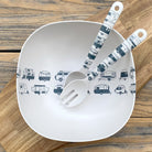 Van Go Bamboo Salad Bowl and Servers Set grey caravan destinations collection salad bowl with matching salad servers displayed on timber board and table.
