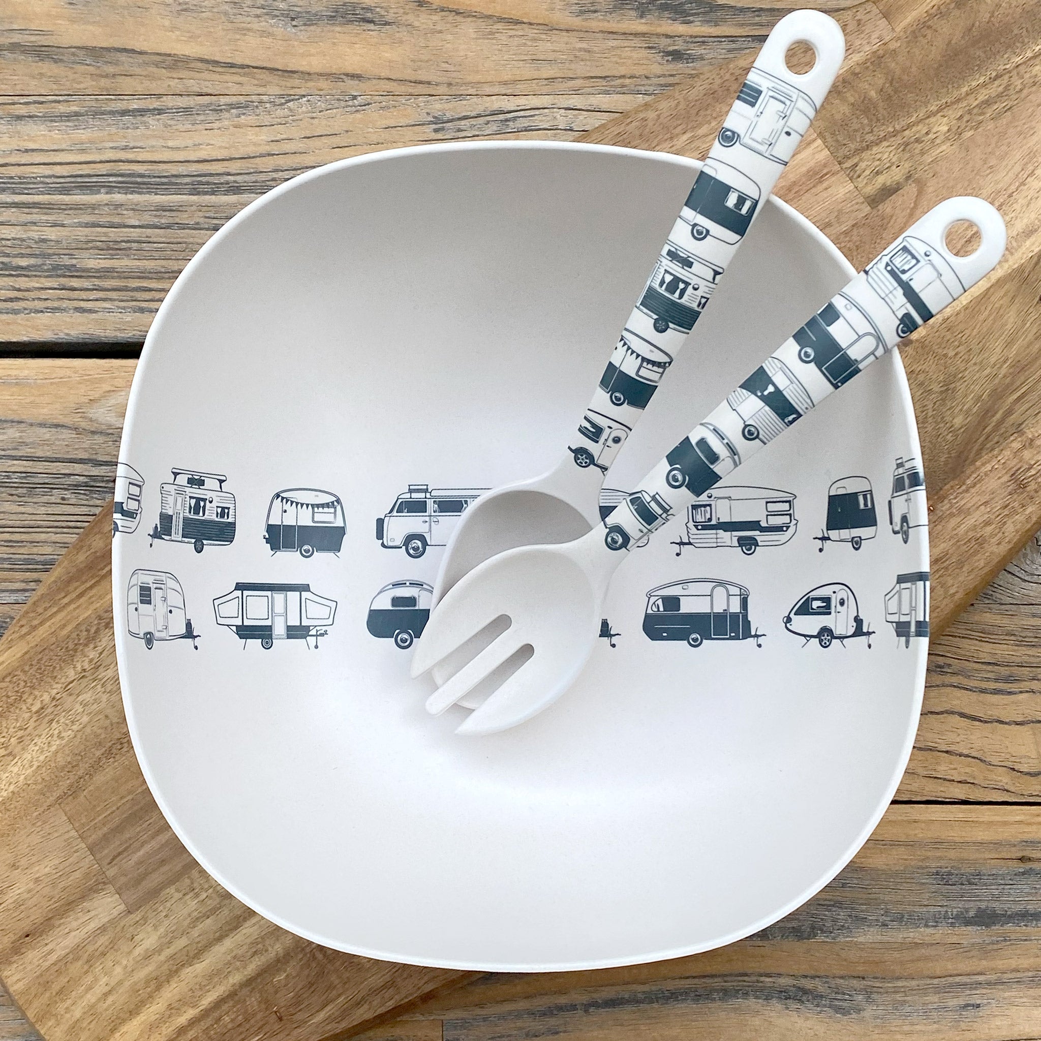 Van Go Bamboo Salad Bowl and Servers Set grey caravan destinations collection salad bowl with matching salad servers displayed on timber board and table.