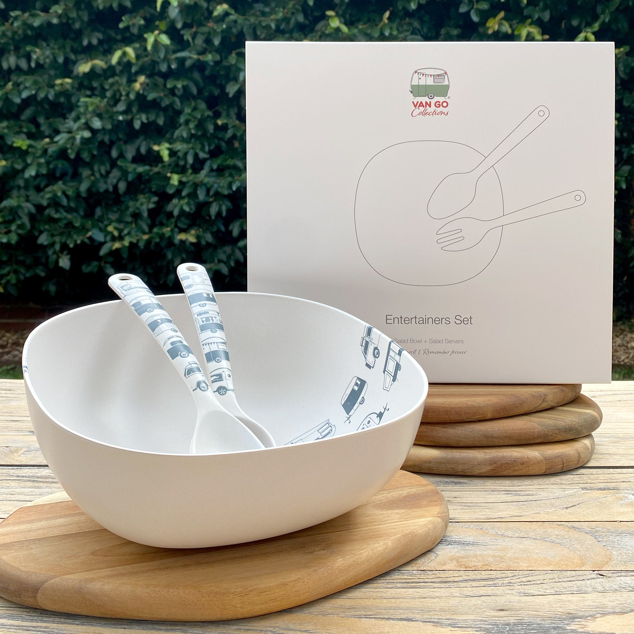 Van Go Bamboo Salad Bowl and Servers Set grey caravan destinations collection salad bowl with matching salad servers displayed on timber board and table, with gift box.