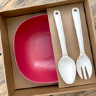 Van Go Bamboo Salad Bowl and Servers Set red bowl with natural salad servers displayed in brown gift box on timber table