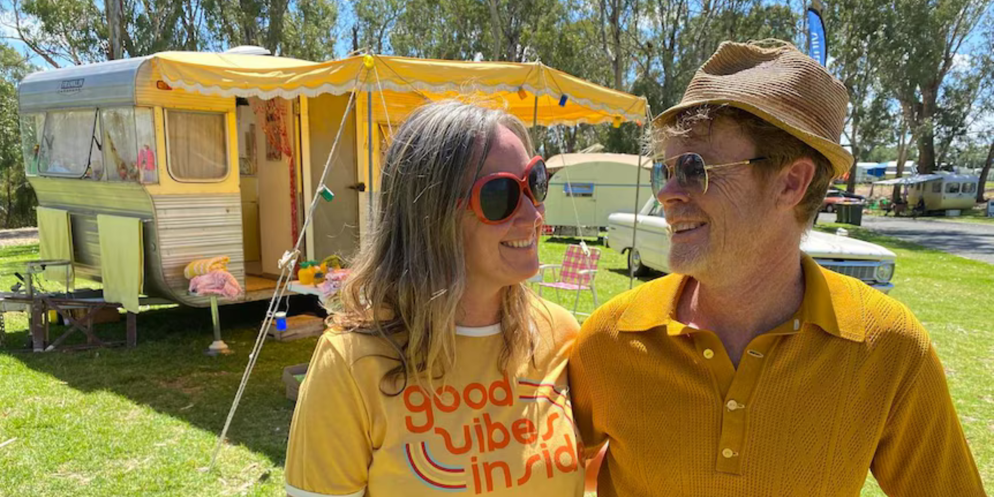 Alison & Marcus in front of their yellow 1966 Franklin Caravan named Audrey | Photo by ABC Central Victoria Sarah Lawrence