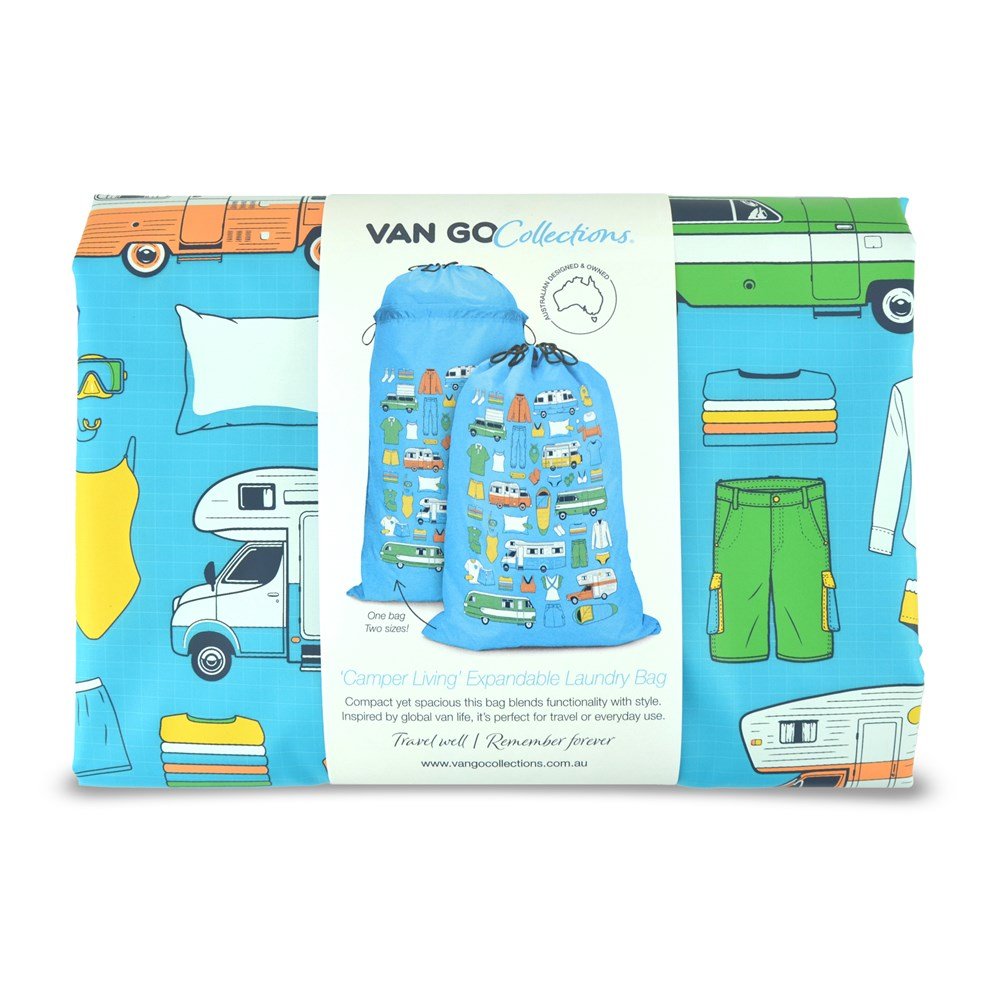 folded pale blue camper laundry bag in Van Go label wrap, packs down to 24 x 17 x 3cm