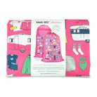 folded vintage pink camping laundry bag in Van Go label wrap, packs down to 24 x 17 x 3cm