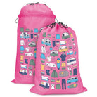 expandable camping laundry bag with handles, van living design in vintage pink