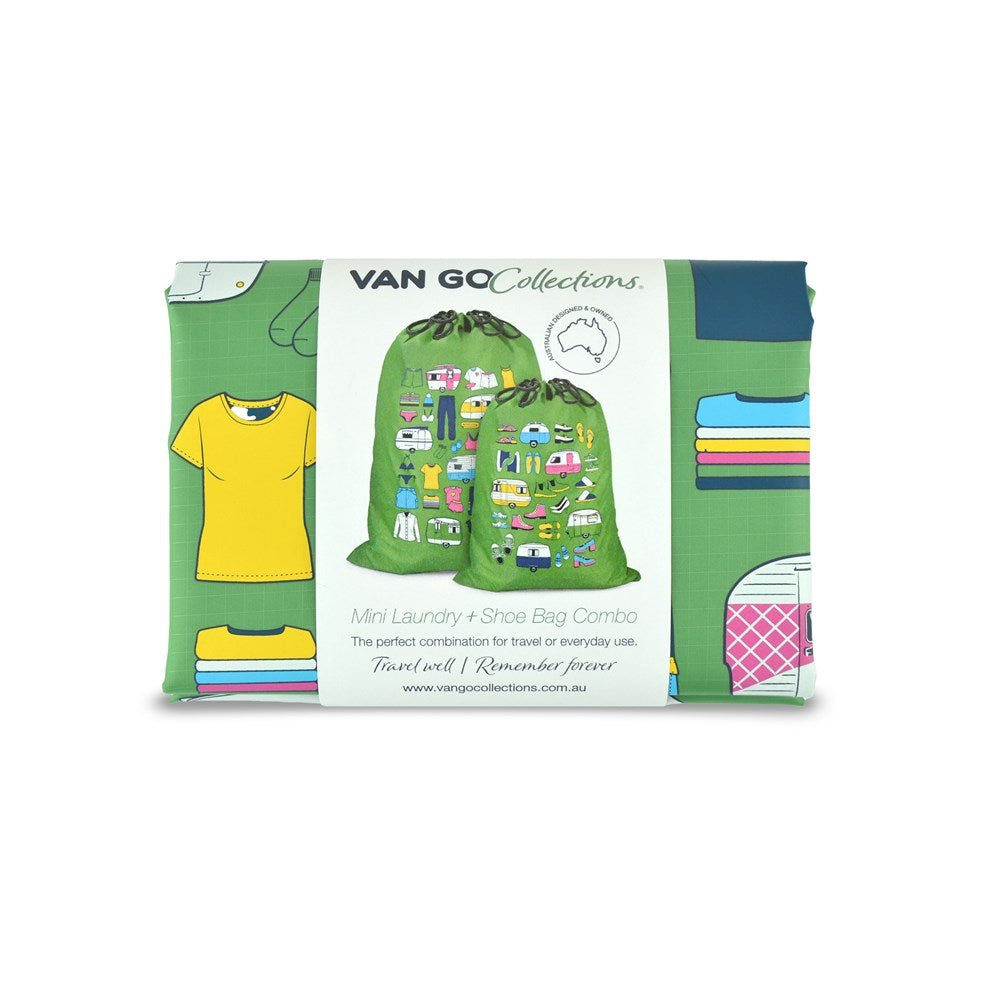 folded classic green caravan shoe bag and mini laundry bag set in Van Go label wrap, packs down to 12 x 17 x 2cm