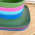 4 piece bamboo plate set 22cm and bowl set, coastal mix in classic green, vintage pink, pale blue and sea blue, stacked
