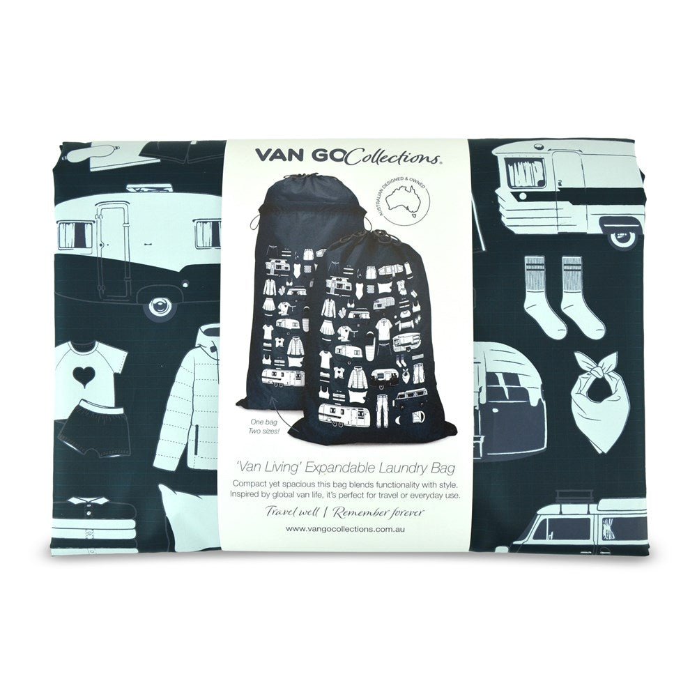 folded midnight grey hanging laundry bag in Van Go label wrap, packs down to 24 x 17 x 3cm