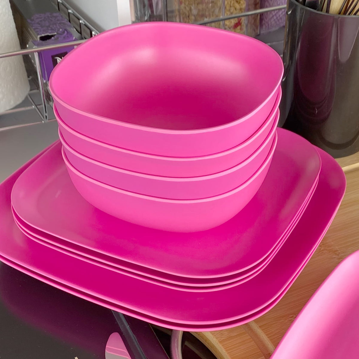 bamboo cereal bowls, 22cm and 26cm sets of 4, stacked, in vintage pink