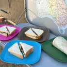 4 piece bamboo plate set 22cm, bush mix in classic green, vintage pink, pale blue and midnight grey, with sandwiches