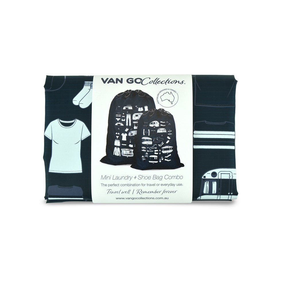 folded midnight grey travel shoe bag and mini laundry bag set in Van Go label wrap, packs down to 12 x 17 x 2cm